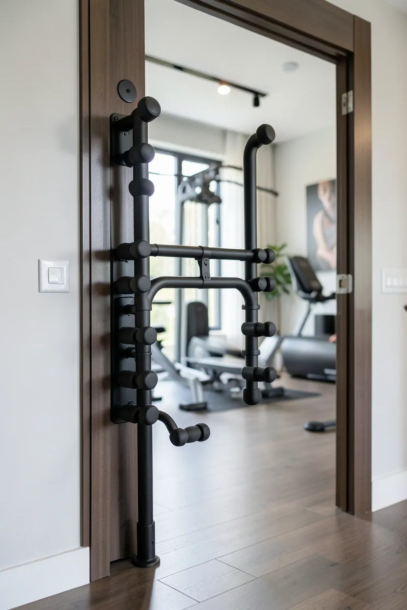 Matte black doorway pull-up bar with multiple grip positions installed in an apartment hallway — no-drill upper body equipment for renters
