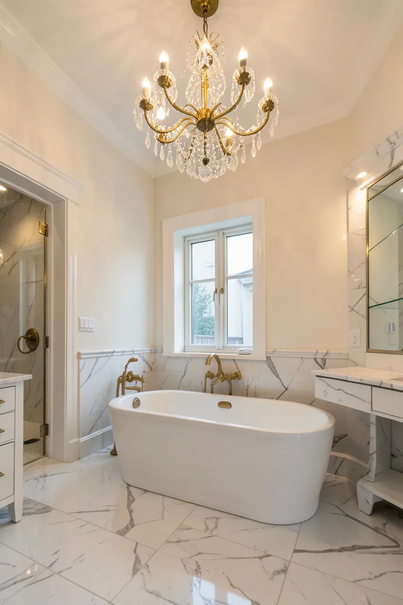 Crystal chandelier with brass accents over a freestanding bathtub in a glamorous elegant bathroom