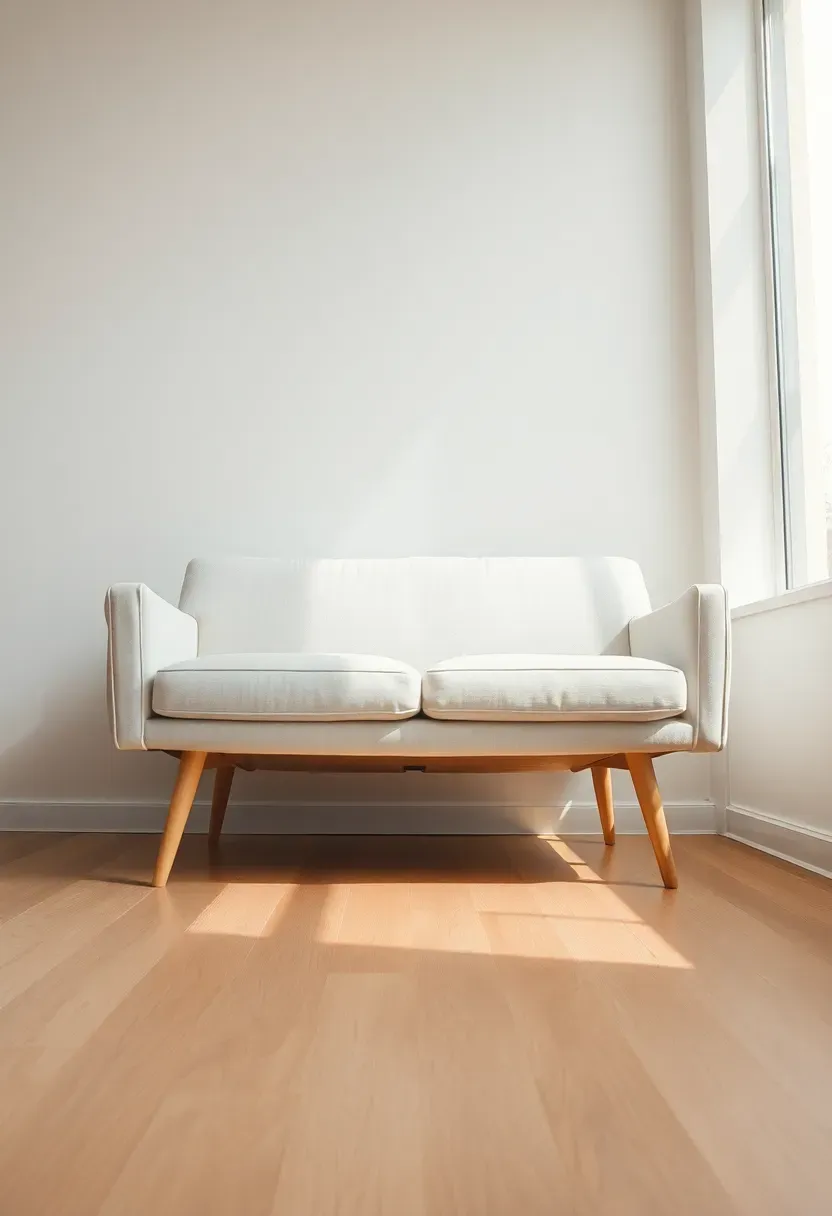 Hyper-realistic eye-level view of low-profile Scandinavian sofa with exposed tapered wood legs, light floating above light oak floor. Minimalist two-seater in cream linen, slender birch wood legs, visible 6-inch clearance beneath. Materials: smooth linen upholstery, pale birch wood legs. Bright daylight from large window right, soft shadows underneath showing airy silhouette. Clean architectural mood with negative space. Shallow depth of field focused on sofa legs and floor gap. No text, no logos, no watermarks.</p>