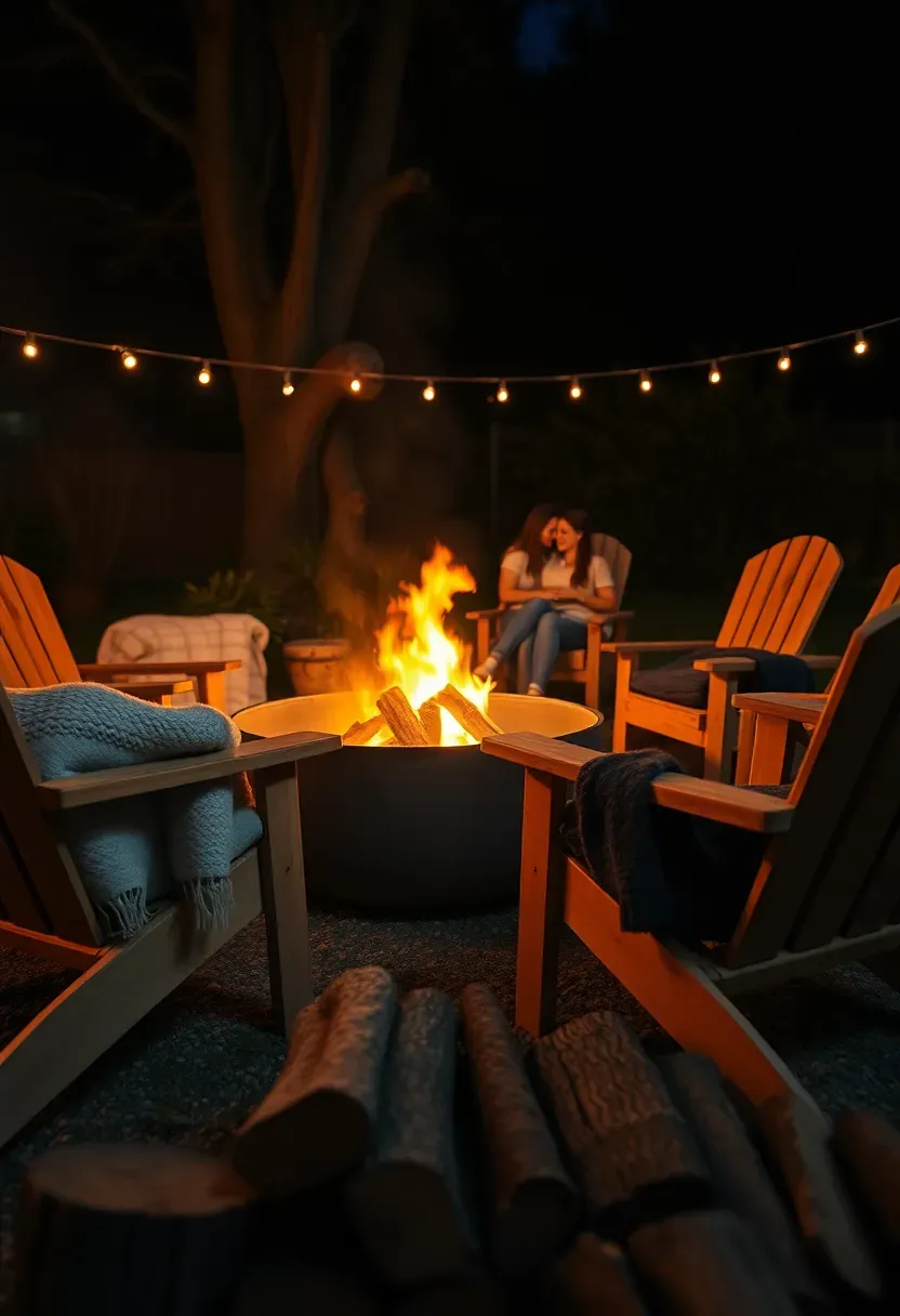 Cozy fire pit lounge at a nighttime backyard engagement party with Adirondack chairs arranged in a circle, blankets draped over armrests, and warm flames reflecting on smiling faces