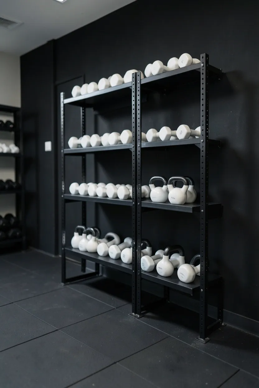Matte black metal storage rack with organized dumbbells and kettlebells against a dark gym wall keeping equipment clutter-free and accessible