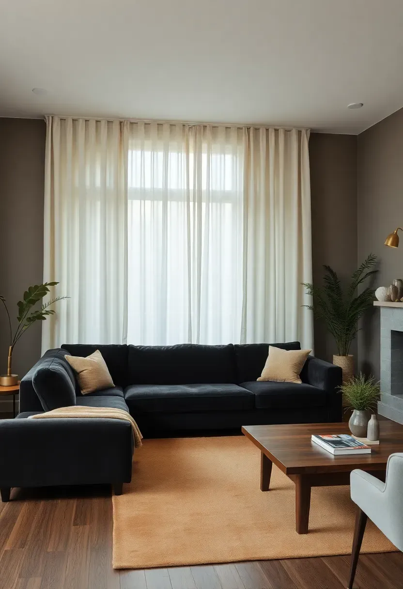 Hyper-realistic 3/4 view of living room with refined neutral palette. Materials: charcoal velvet sofa, cream linen drapery, camel wool rug, warm gray walls, brass accents, walnut wood table. Sophisticated neutral combination with rich depth and saturation. Brass accents warming cool tones. Timeless elegance through restrained color.</p>