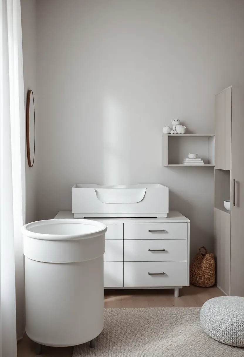 Modern minimalist nursery corner in gray and white bedroom with sleek-line mini crib, matte black floor lamp, and geometric textured throw blanket