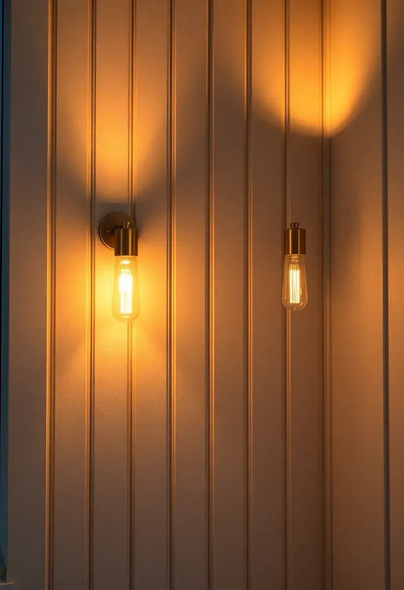 Small sunroom wall with two battery-operated brass wall sconces casting warm upward light, mounted on white shiplap, no visible wires, soft evening glow
