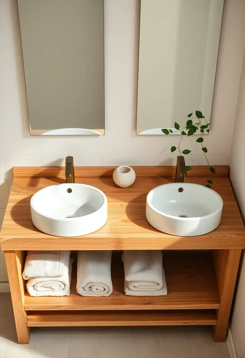 double vanity bathroom with open floating shelving and wood accents