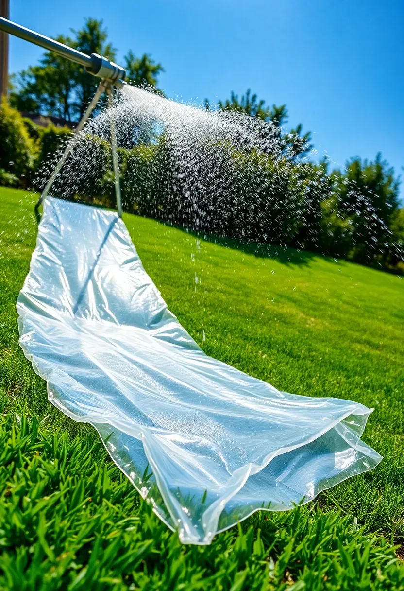 Kids sliding down a wet sprinkler slip-and-slide on a grassy backyard hill with water spraying on a sunny day