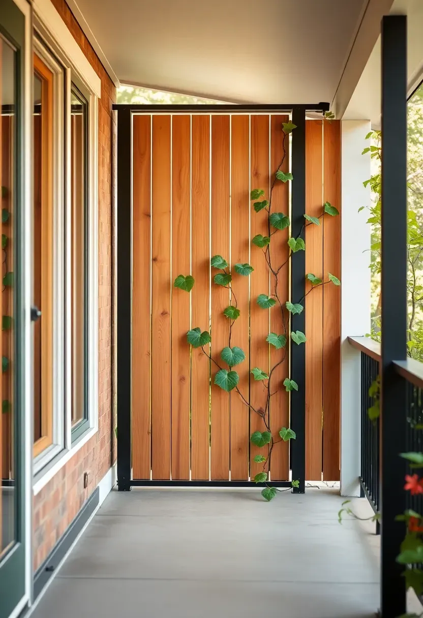 Ranch porch cedar privacy screen with black steel frame and climbing hydrangea vine