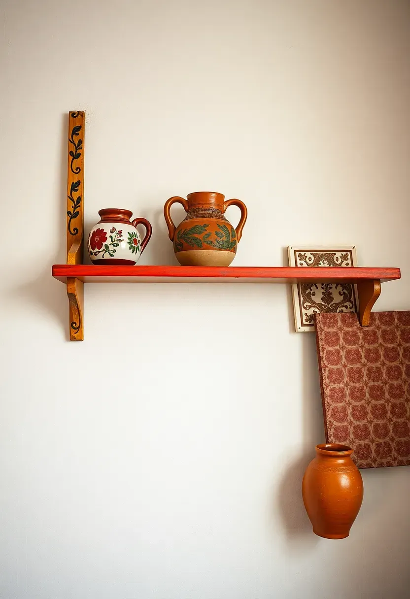 Eastern European folk ceramics shelf on white plaster wall — painted pine shelf with folk ornament border holding hand-thrown pottery jugs and painted ceramic tiles with earthy slip decoration