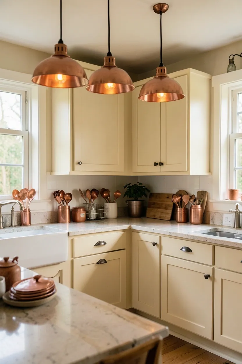 Copper pendant light and copper cookware displayed on open shelves in a white small farmhouse kitchen with warm wood accents