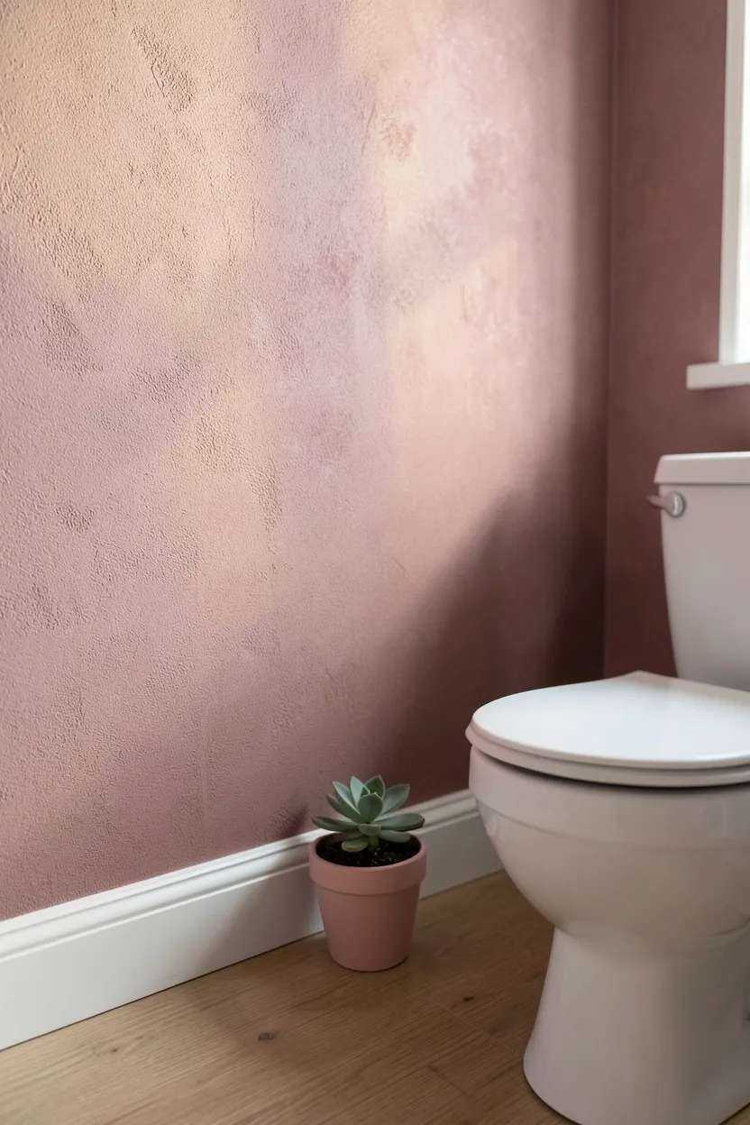 Dusty rose removable wallpaper accent wall behind bathtub in rental bathroom with brass fixtures and white trim