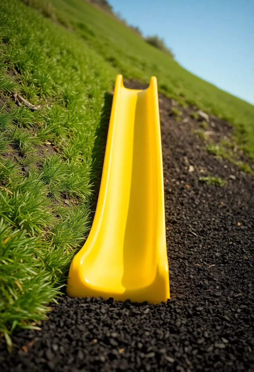 A wide plastic slide embedded into a grassy backyard hillside, with a child sliding down and rubber mulch at the bottom landing area