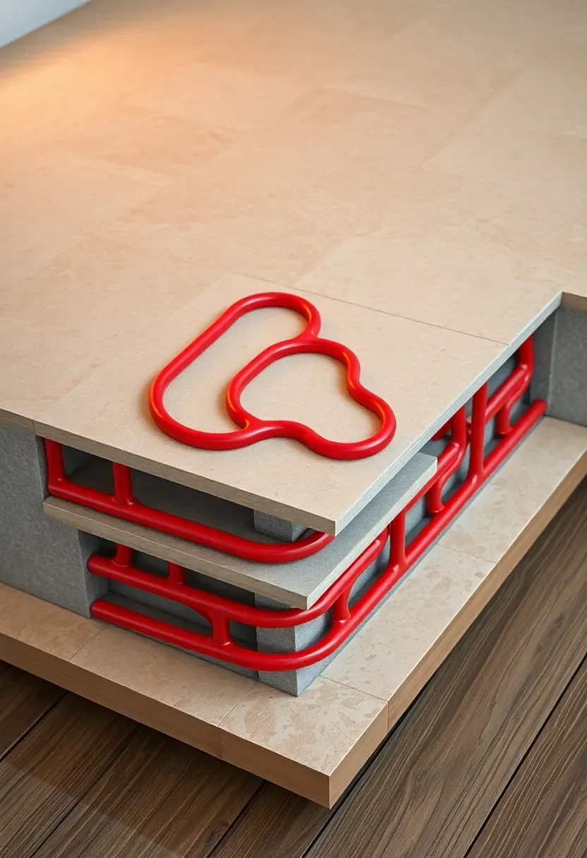 Cross-section view of a heated porch floor system with radiant tubing beneath stone tile