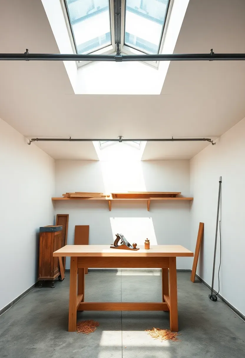 Bright garage workshop with two skylights flooding the space with natural light, white walls, and a clean woodworking bench