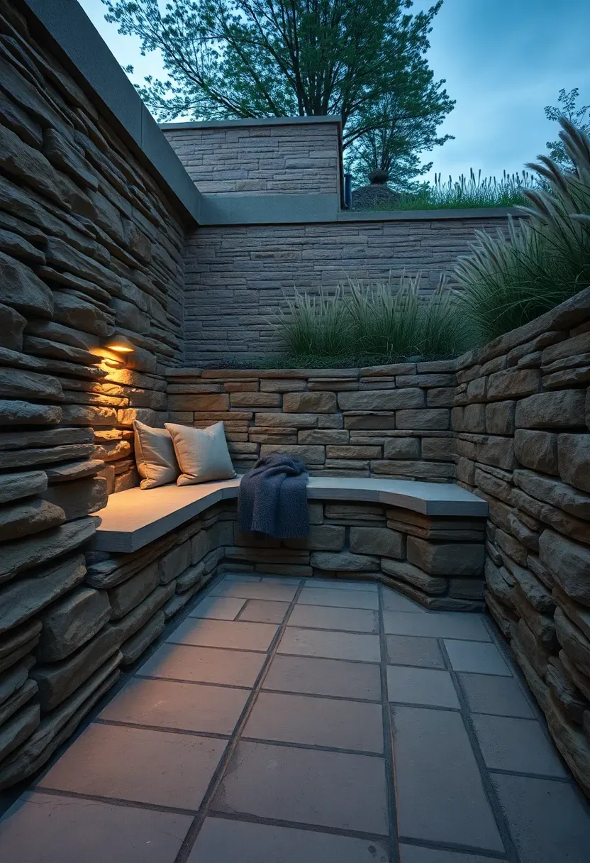 A sunken garden seating area with stone walls, built-in bench seating, low ornamental grasses, and soft landscape lighting at dusk