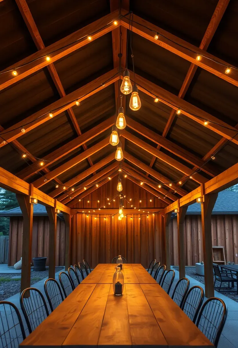 Covered outdoor dining pavilion with exposed rafters, string lights, and a long farmhouse table in a backyard