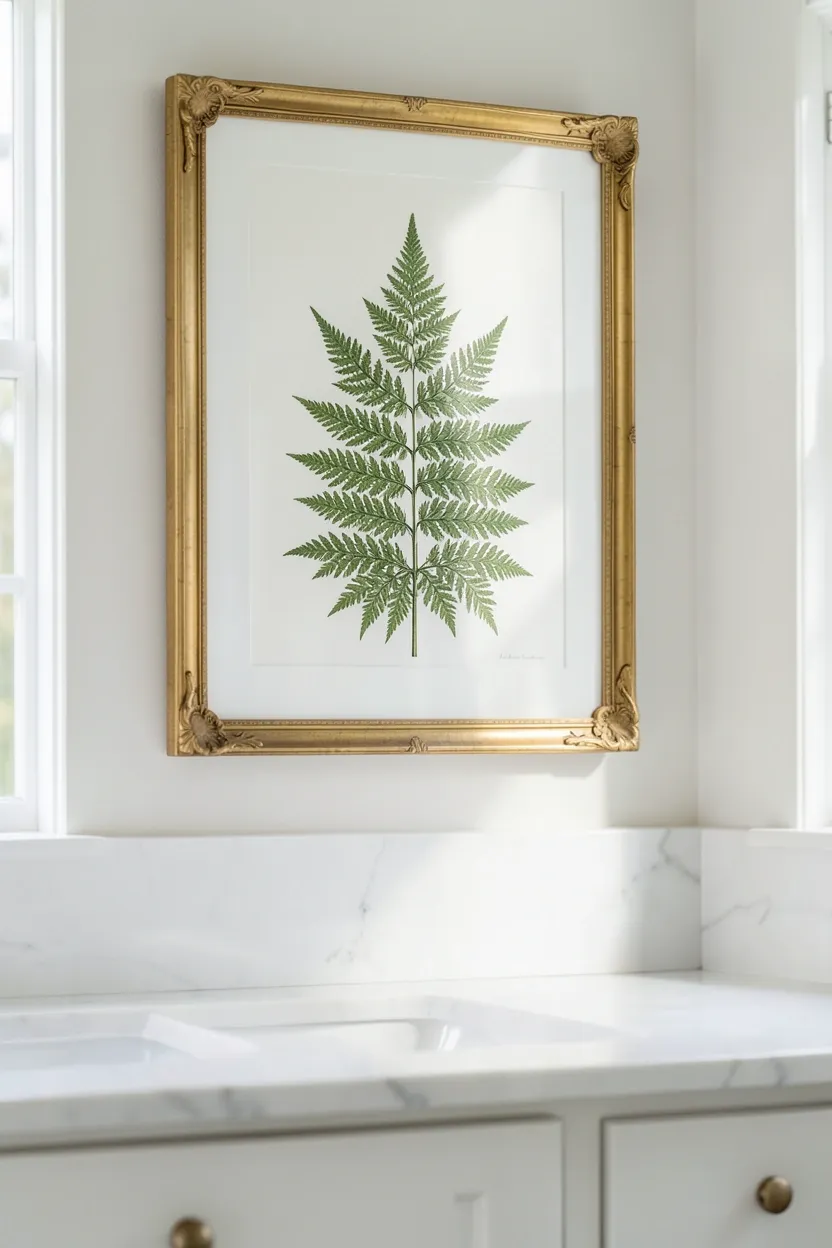 Framed botanical print hanging above a toilet in a neutral rental bathroom — inexpensive wall art to personalize a small space
