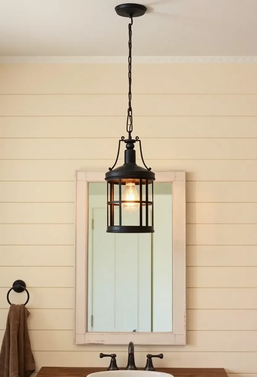 Black iron lantern pendant hanging above a vintage white mirror in a farmhouse bathroom with shiplap walls and a wood vanity