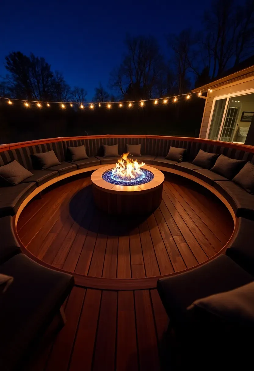 Backyard deck with a circular sunken center section containing a gas fire pit surrounded by curved built-in seating at night