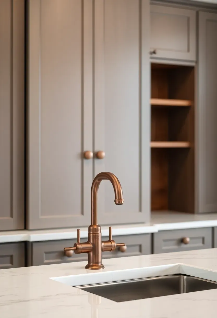 warm gray kitchen cabinets with copper accent hardware and fixtures