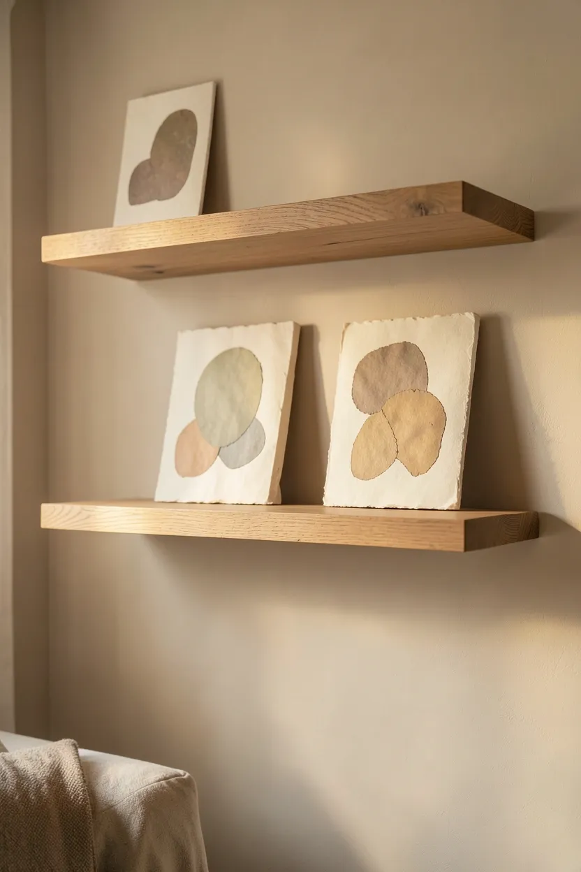 Neutral abstract wall art on raw canvas with organic shapes and earthy tones above a wabi sabi living room sofa