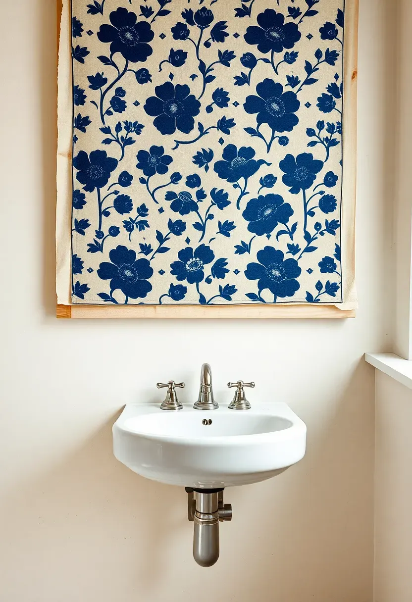 Hand block-printed indigo linen panel with repeating floral pattern stretched on a wooden frame on a light bathroom wall