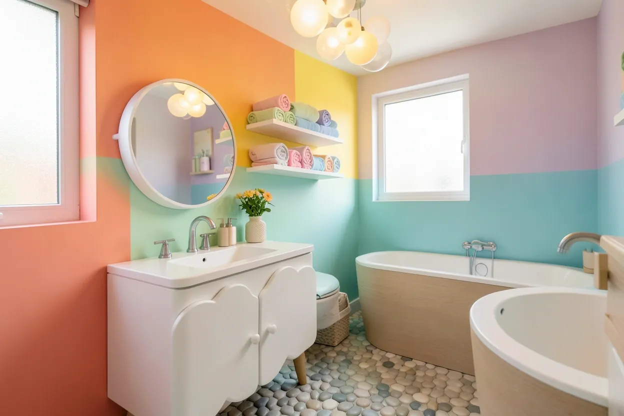 Colorful Toca Boca Family House bathroom with rainbow accent wall, playful storage and bright decor for a family apartment