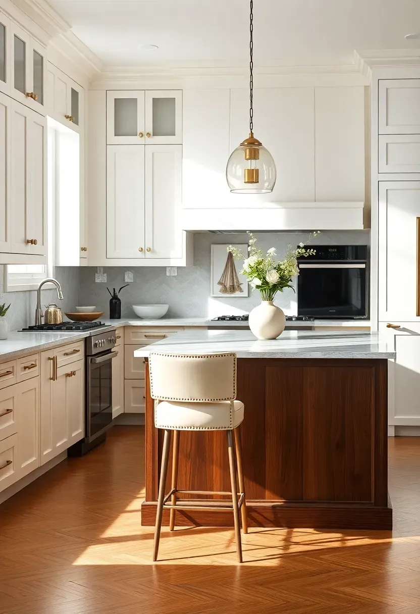 Hyper-realistic 3/4 view of a neutral kitchen with cream perimeter cabinets and dark walnut island base. Materials: cream painted shaker cabinets, solid walnut island cabinetry with rich brown grain, marble countertops with warm gray veining, unlacquered brass hardware, warm oak flooring. Natural light from windows, reflections on brass hardware and marble. Visible walnut island with seating for four and cream barstools with brass nailheads. Elegant contrast mood. Shallow depth of field showing walnut grain, sharp details on island cabinetry. No text, no logos, no watermarks.</p>