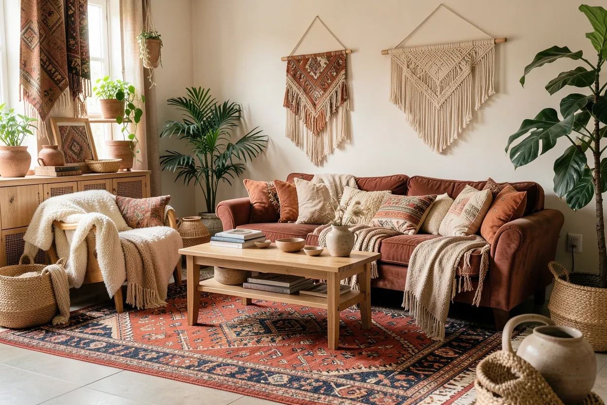 Bohemian style interior design living room with rattan peacock chair, layered rugs in terracotta and cream, macramé wall hanging, and abundant plants creating a warm free-spirited rental apartment space