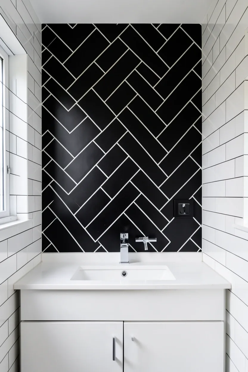 Hyper-realistic eye-level photograph of a modern black bathroom wall showing matte black subway tiles arranged in herringbone pattern with white grout lines, white vanity with white quartz countertop, chrome faucet, white subway tile walls on other sides. Natural light. Materials: matte black ceramic tiles, white grout, white quartz, chrome fixtures, white ceramic. Sophisticated herringbone pattern. Dramatic black tile detail. No text, no logos, no watermarks.</p>