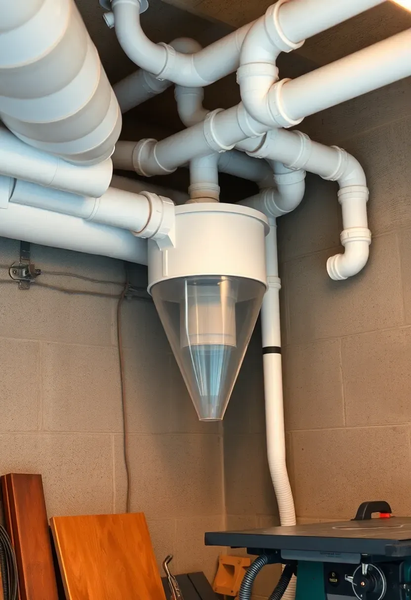 Corner of a garage workshop showing a centralized dust collection unit with PVC pipe ducting running along the ceiling to various tool stations