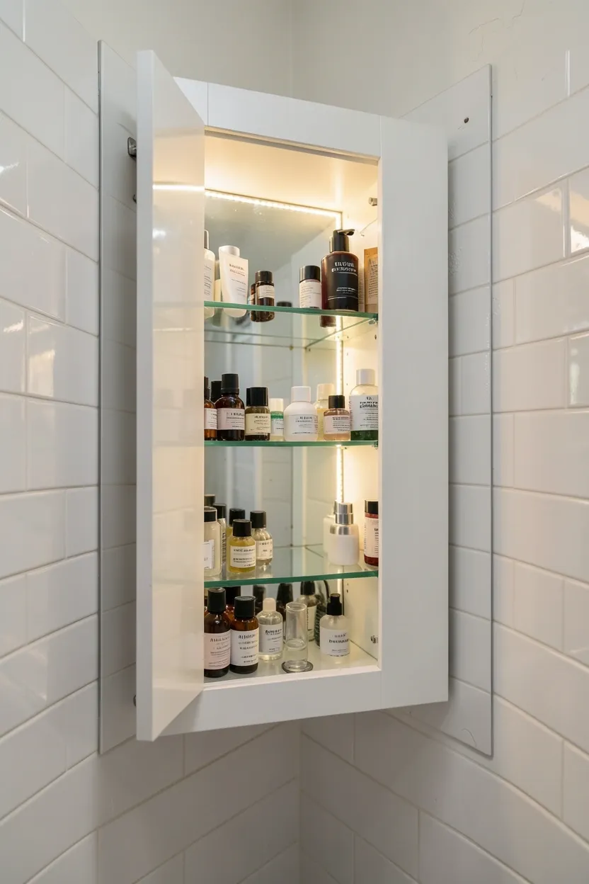 Flush-mounted recessed medicine cabinet with mirrored door and LED interior lighting in a small modern bathroom