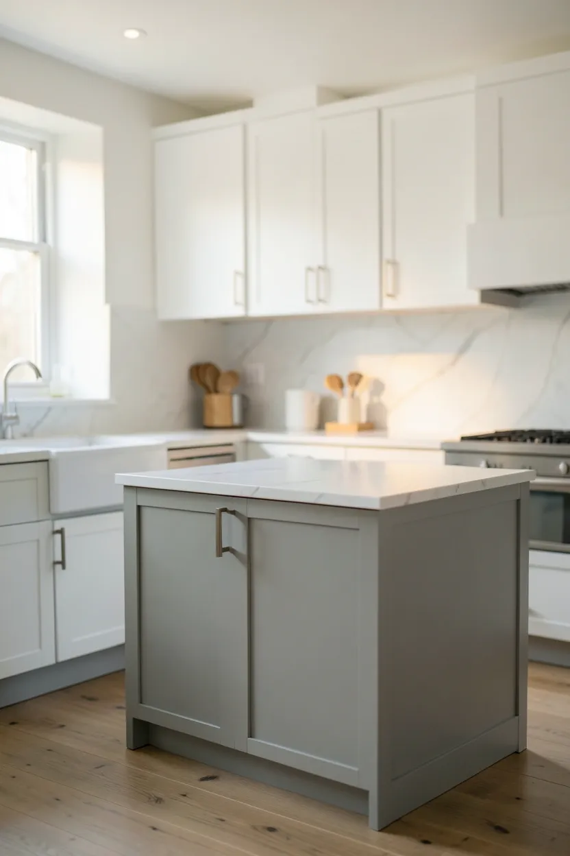 White upper cabinets with soft gray lower cabinets in a two-tone Scandinavian kitchen scheme — subtle contrast grounding a bright Nordic kitchen