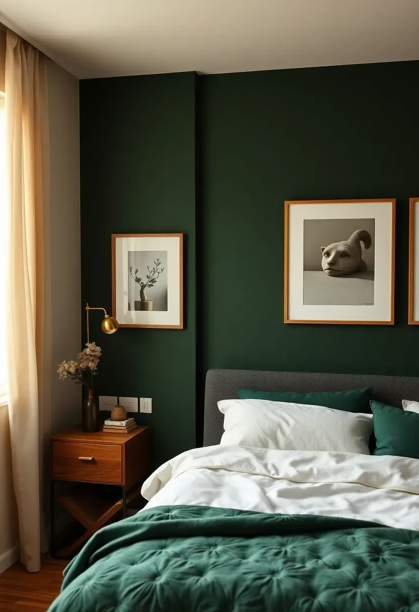 Green-black walls with brass picture lights