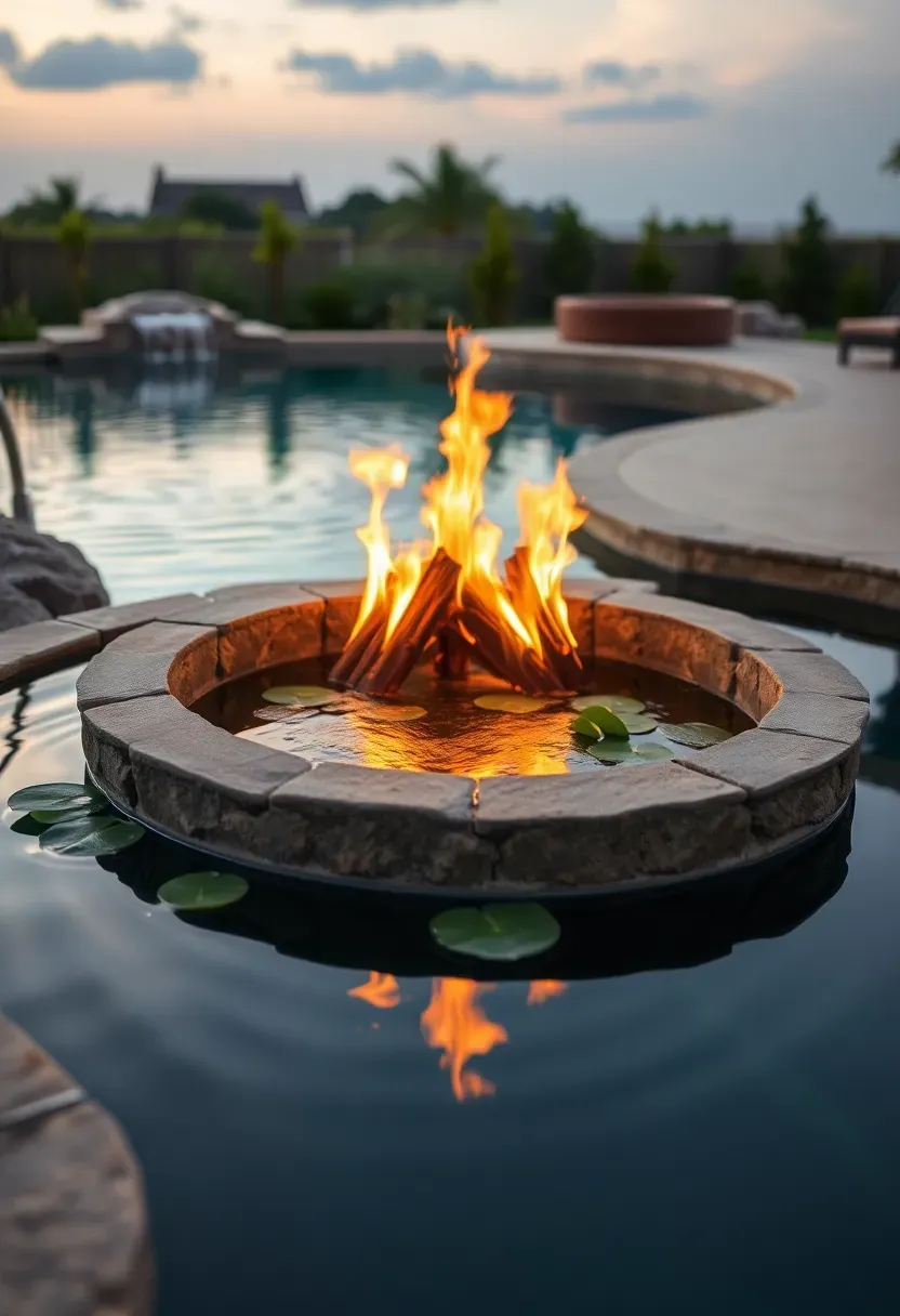 Hyper-realistic 3/4 view of a combined firepit and water feature showing a circular stone fire ring rising from the center of a small decorative pond with lily pads, with warm fire reflected in the still water surface, surrounded by natural stone edging and positioned adjacent to a larger pool or water feature. Materials: natural stone fire ring, pond water with gentle surface movement, visible lily pads or aquatic plants, stone pond edging, pool decking beyond. Evening lighting with fire glow creating dramatic reflections on water surface, creating magical elemental contrast. Water visible extending beyond firepit to connect with larger water feature. Luxurious resort-style atmosphere. Shallow depth of field emphasizing firepit and water reflection foreground with pool context visible beyond. No text, no logos, no watermarks.</p>