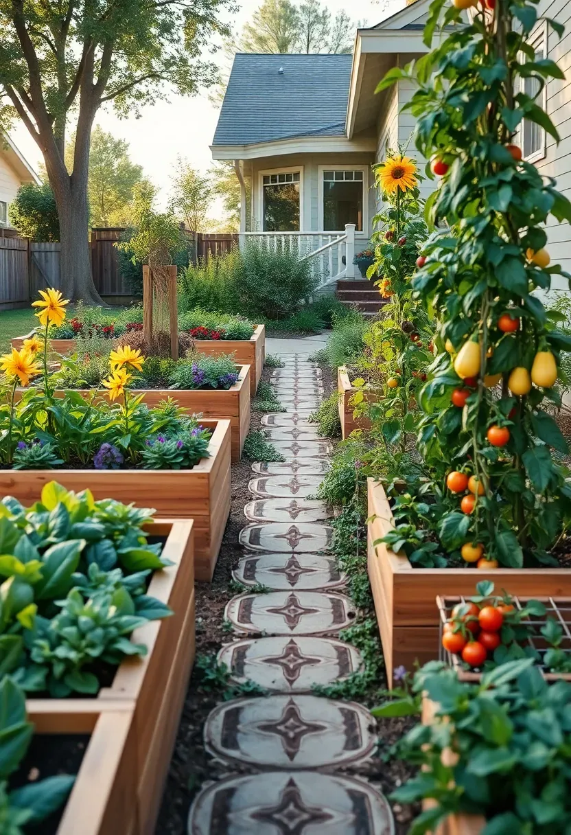Hyper-realistic 3/4 view of an edible front yard garden with raised vegetable beds, dwarf fruit trees, herb borders, and climbing beans on trellises arranged along decorative pathway. Materials: cedar raised beds, mixed salad greens, tomatoes on supports, purple basil, yellow squash blossoms. Warm morning sunlight, vibrant edible colors. Structured layout with ornamental integration. Visible craftsman-style home. No text, no logos, no watermarks.</p>