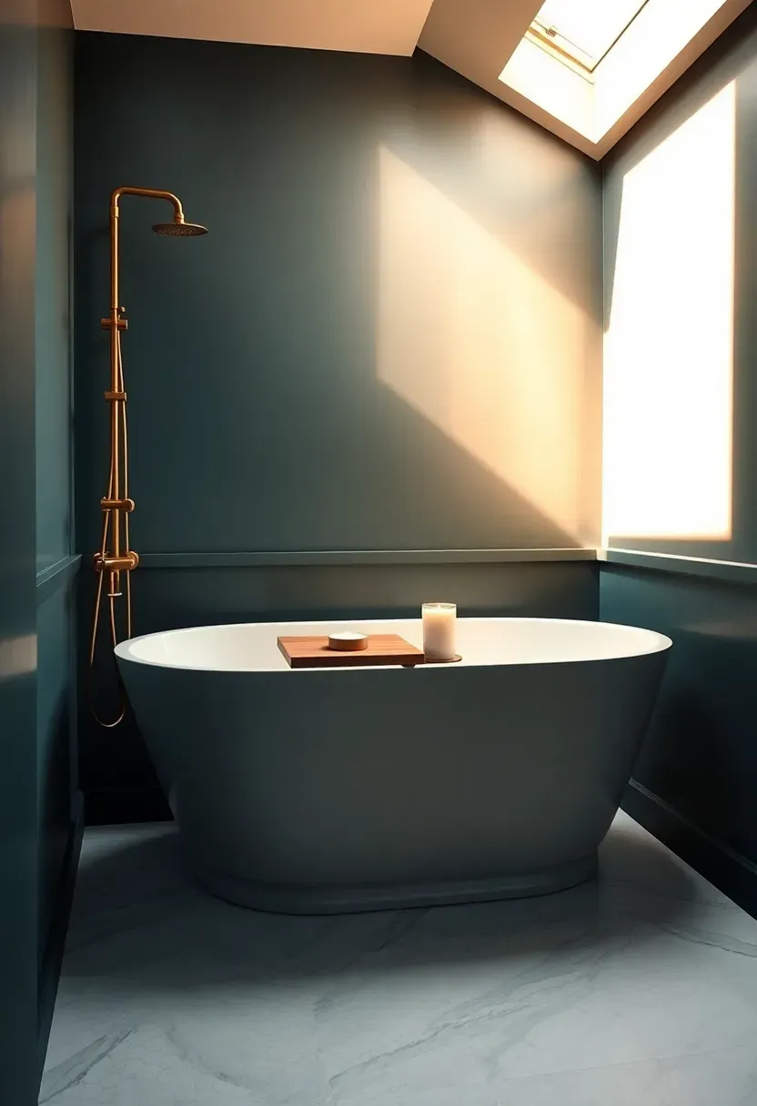 modern bathroom painted in midnight teal with freestanding white bathtub and brass shower fixtures