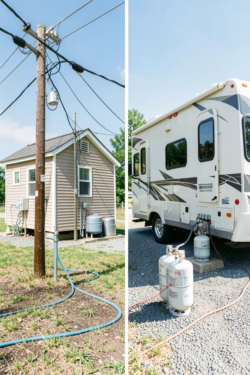 RV utility hookup connections at a campground alongside a tiny house with solar panels and rainwater collection for off-grid living