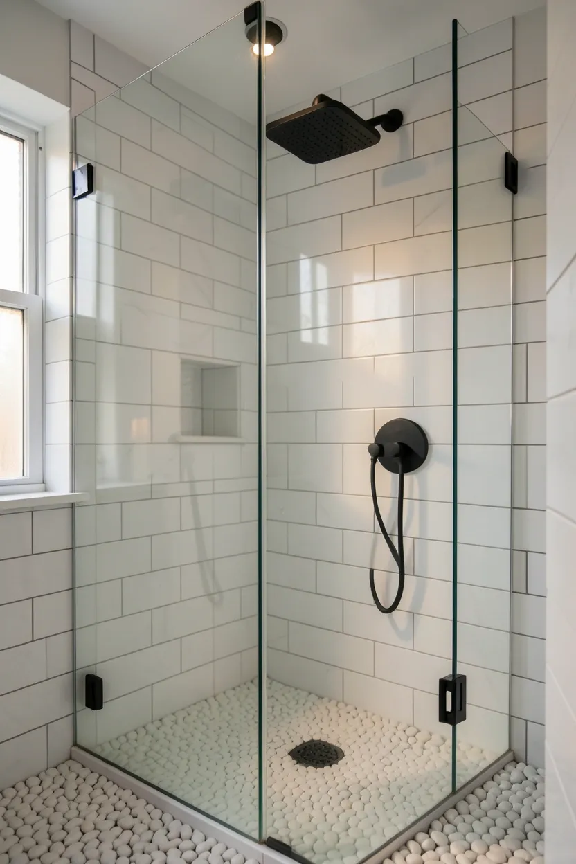 Walk-in shower with frameless glass panel, white subway tiles, and linear drain — open spa-like modern bathroom design