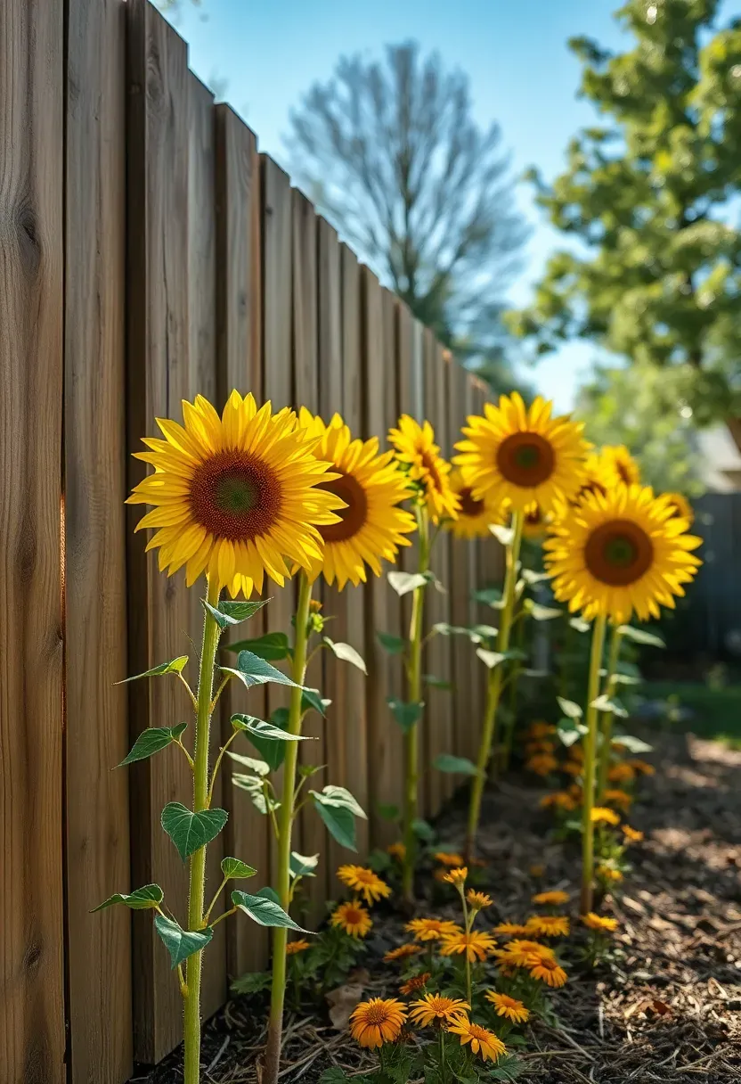 A row of tall sunflowers in full bloom along a wooden backyard fence with lower companion flowers at their base