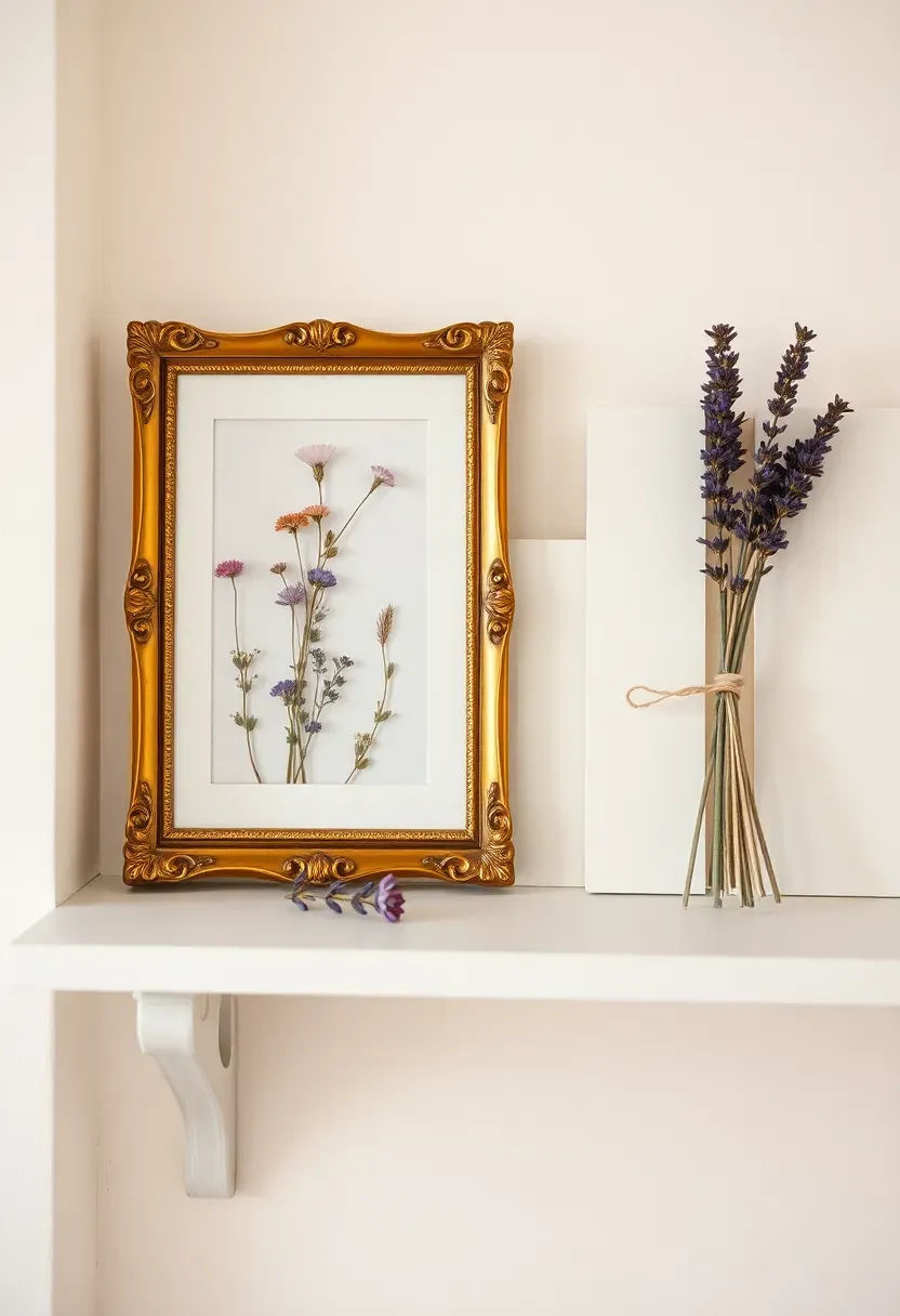 botanical prints and pressed flowers on a vintage white shelf