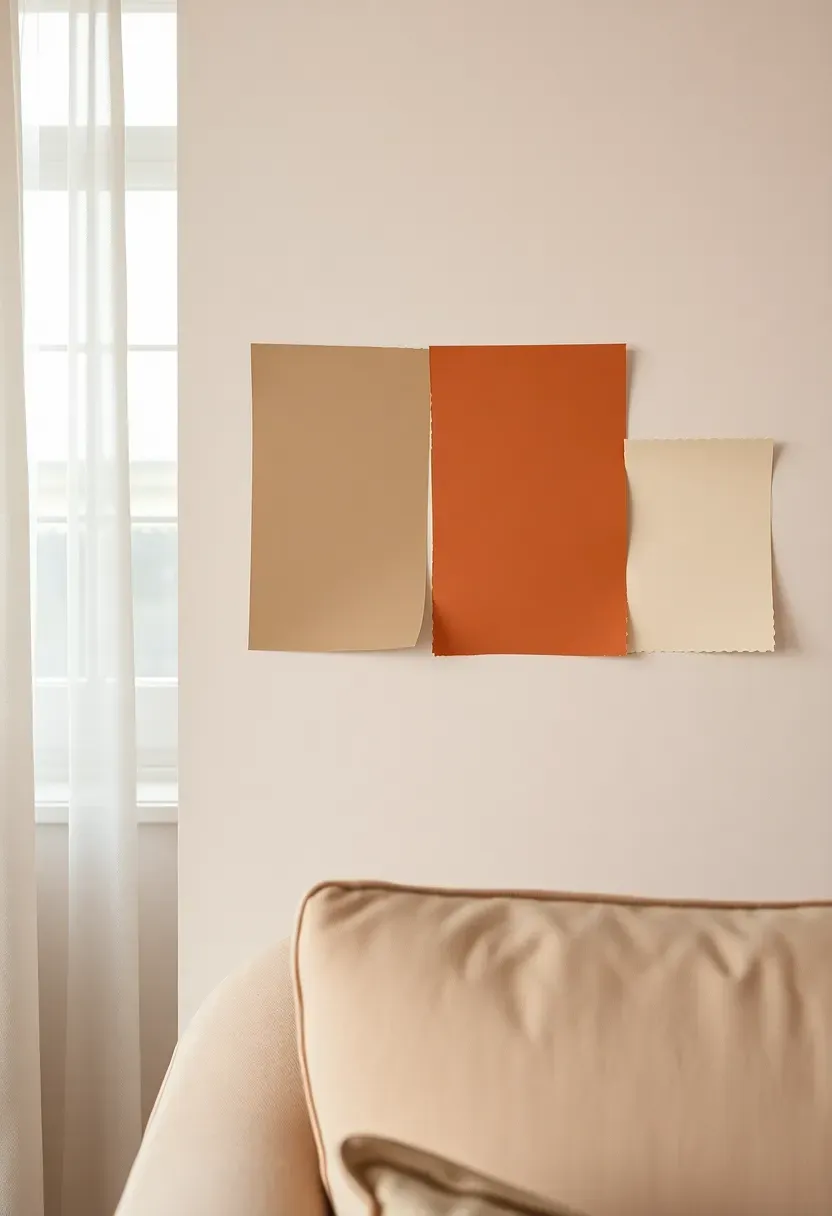 living room color palette mood board with warm greige walls, terracotta accents, and sage green throw
