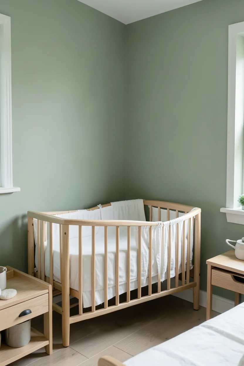 Nursery corner with enclosed diaper hamper cabinet positioned near the changing area in a master bedroom for odor-free waste management