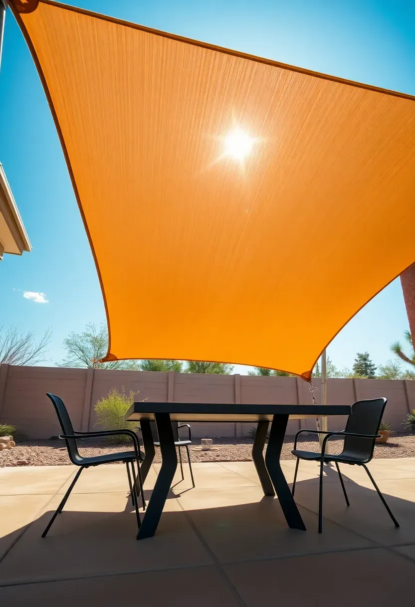Large triangular shade sail in desert tan color stretched over an Arizona backyard dining area with a concrete table and metal chairs below