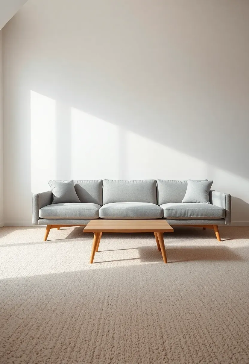 Hyper-realistic 3/4 view of minimalist living room with low-profile light gray sofa with slim wood legs, low rectangular coffee table, white walls with substantial empty space above sofa, light beige wall-to-wall carpet. Materials: smooth gray fabric, tapered light wood legs, white plaster walls, plush carpet. Bright natural light from window (5500K), soft shadows, expansive airy feeling. Contemporary minimalist mood, shallow depth of field, sharp sofa details showing low height, visible wall space above, clean horizontal lines, no clutter, no text, no watermarks.</p>