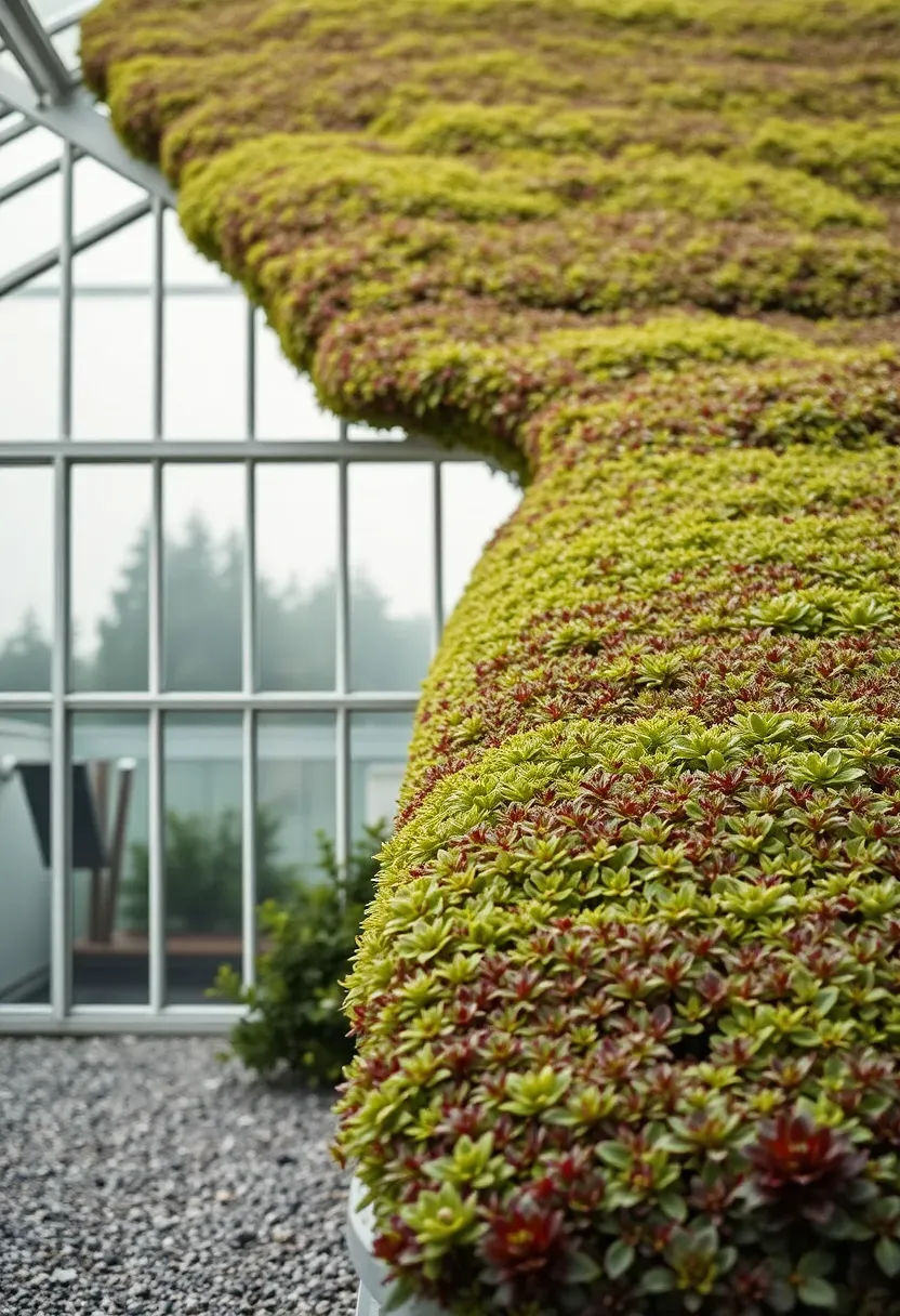 A greenhouse with a living green roof covered in sedum plants with glass walls visible below the planted roofline