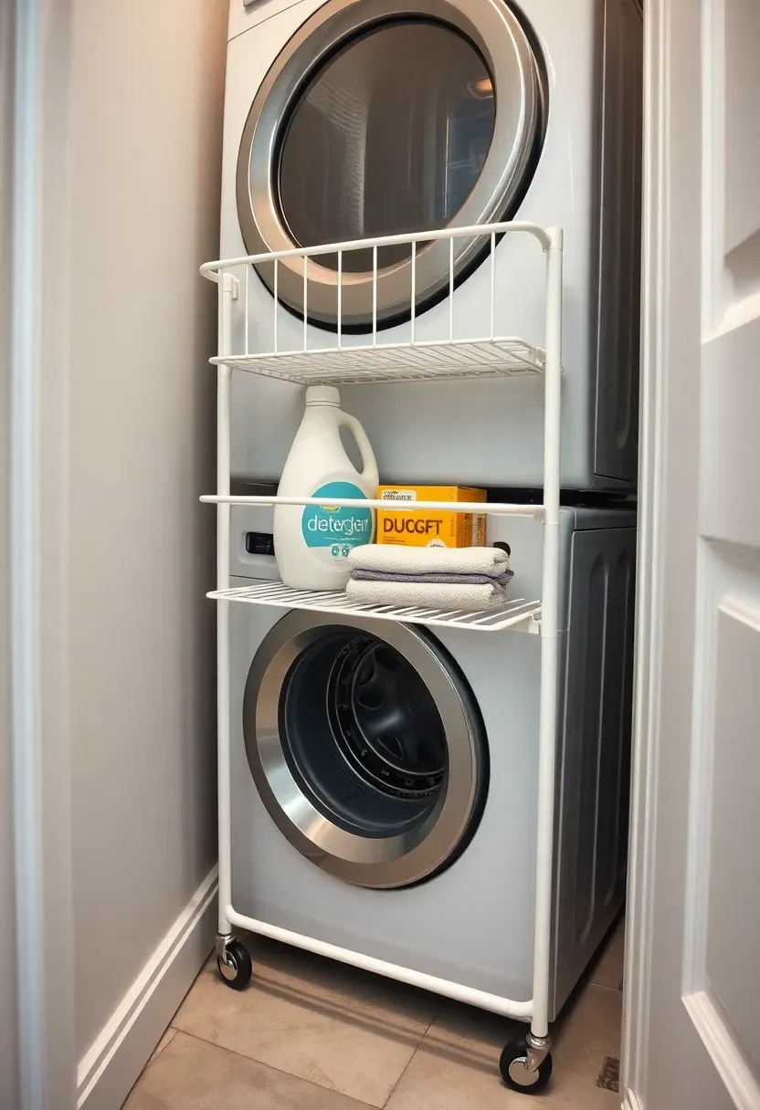 Slim white rolling cart with three tiers fitting between a stacked washer dryer and the wall holding supplies and lint roller