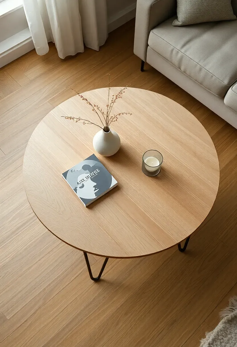 Hyper-realistic top-down angled shot of a round coffee table in a Scandinavian living room. The table features a light oak wood top (approximately 40-inch diameter) with matte black metal hairpin legs. On the table: a single ceramic vase with dried branch, one art book, small candle in glass holder. Light oak flooring, warm white walls, sofa edge visible in corner. Materials: oak wood, matte black metal, ceramic. Soft natural lighting, clean composition. No text, no logos, no watermarks.</p>