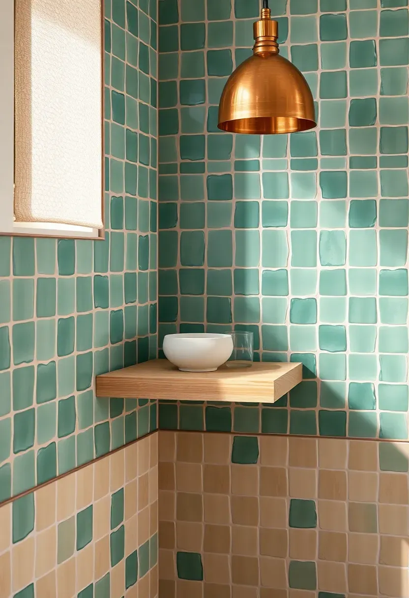 Kitchen accent wall covered in handmade Moroccan zellige tiles in sea green with irregular edges catching the light