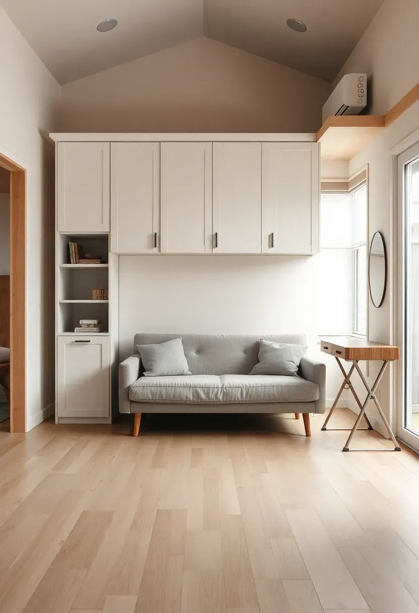 Hyper-realistic 3/4 view of a tiny house with murphy bed folded into wall, sofa and desk in front of cabinet, floor space open. Materials: white oak floor, matte white murphy cabinet, linen sofa, oak desk. Warm diffused window light, creamy neutrals with wood accents. Mood: flexible, spacious, adaptable. Shallow depth of field, sharp details, balanced composition, soft shadows, visible room context. No text, no logos, no watermarks.</p>