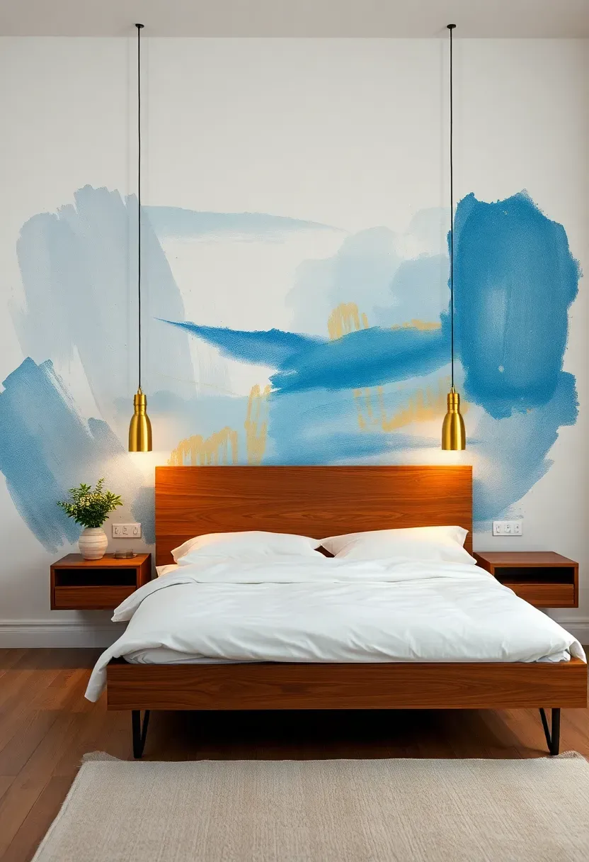 artistic bedroom with a hand-painted abstract mural in soft blues and warm golds on the wall behind the bed with floating nightstands and pendant lights
